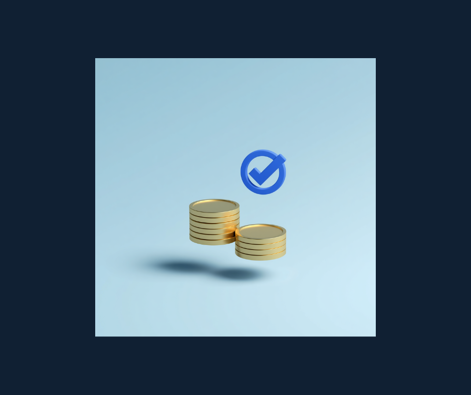 Ilustração 3D de moedas douradas ao lado de um símbolo de confirmação azul, representando pagamentos de clientes acompanhados e confirmados.